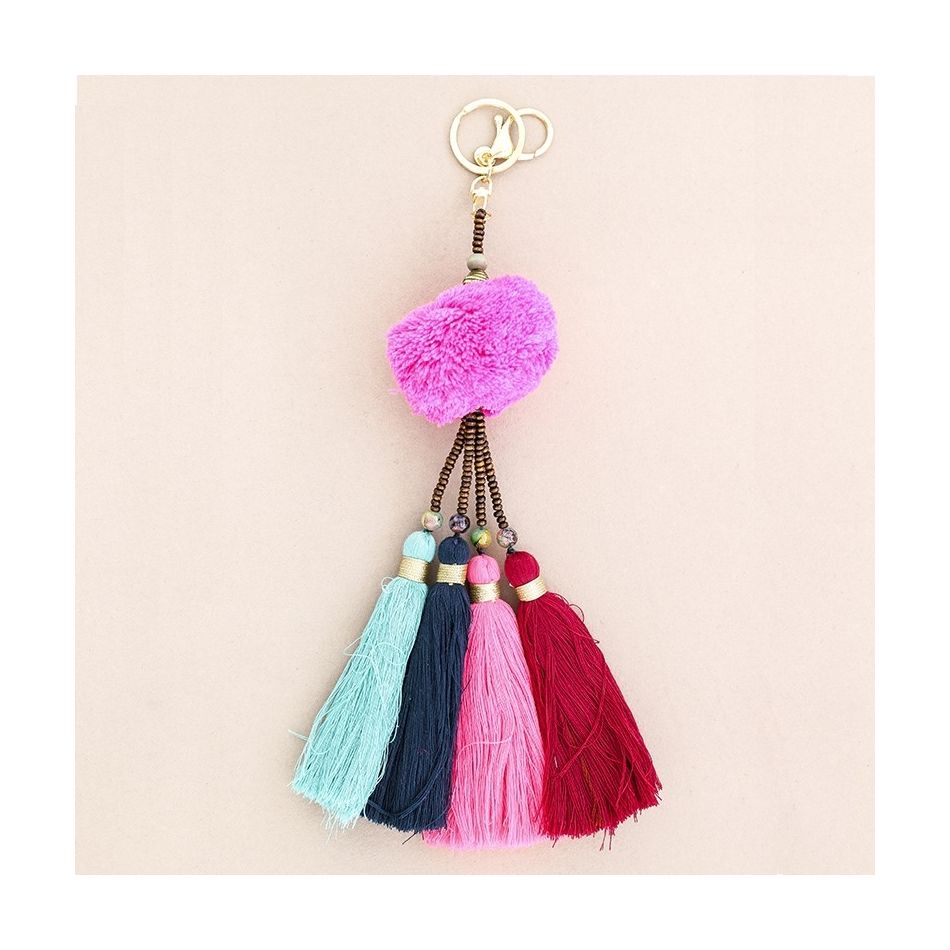 QUADRUPLE FRINGE POMPOM ETHNIC KEYCHAIN