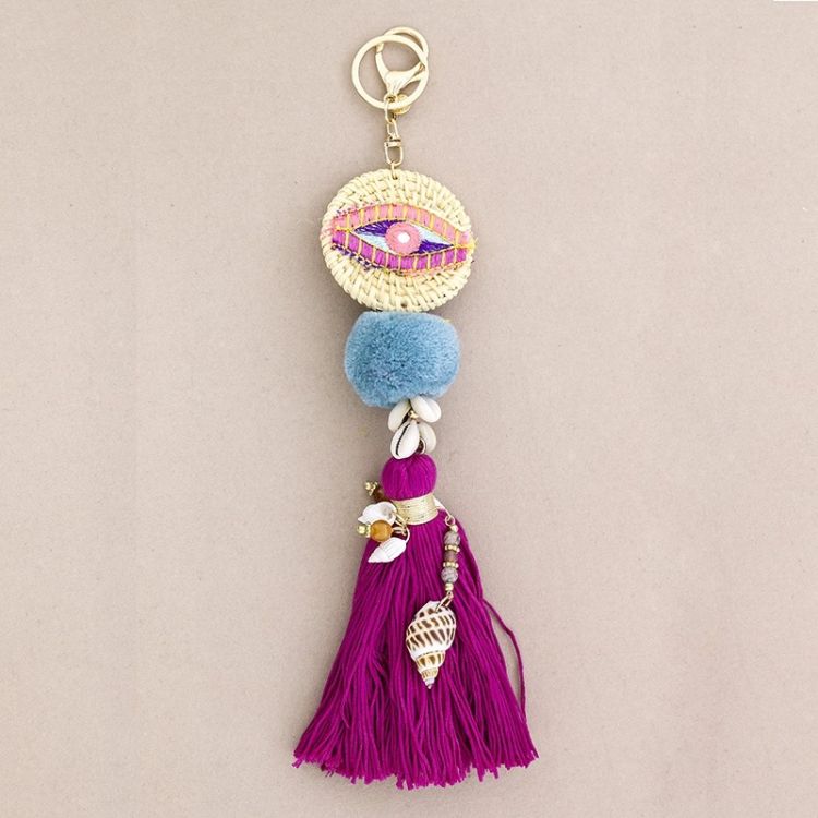 ETHNIC EYE KEYCHAIN WITH FRINGE POMPOMS