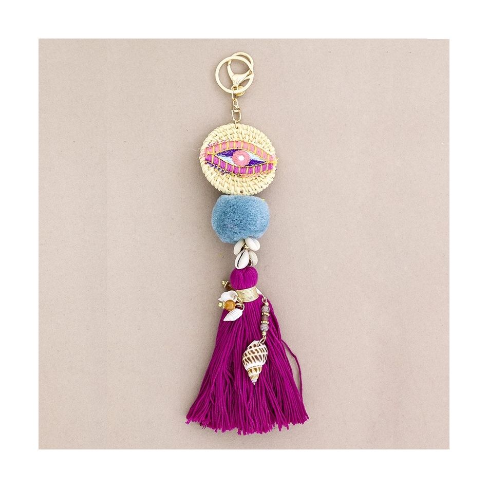 ETHNIC EYE KEYCHAIN WITH FRINGE POMPOMS