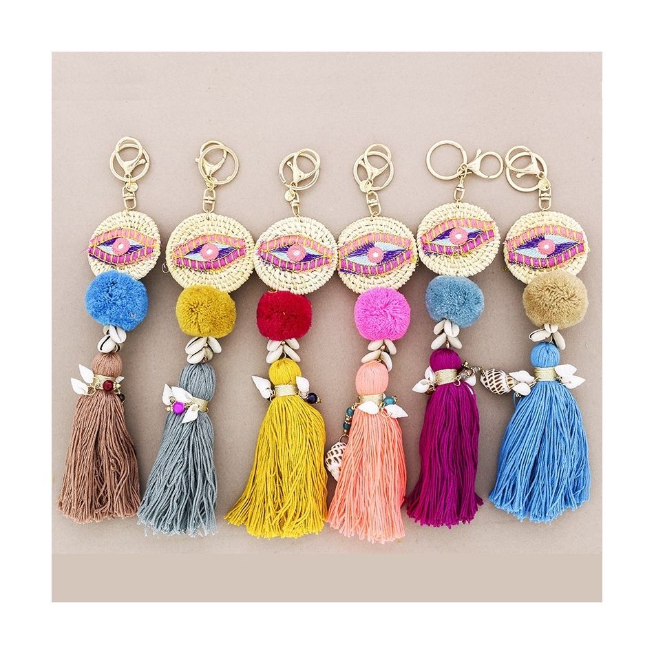 ETHNIC EYE KEYCHAIN WITH FRINGE POMPOMS