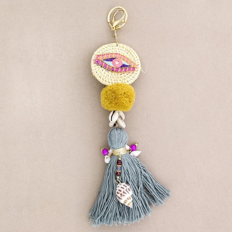 ETHNIC EYE KEYCHAIN WITH FRINGE POMPOMS 2