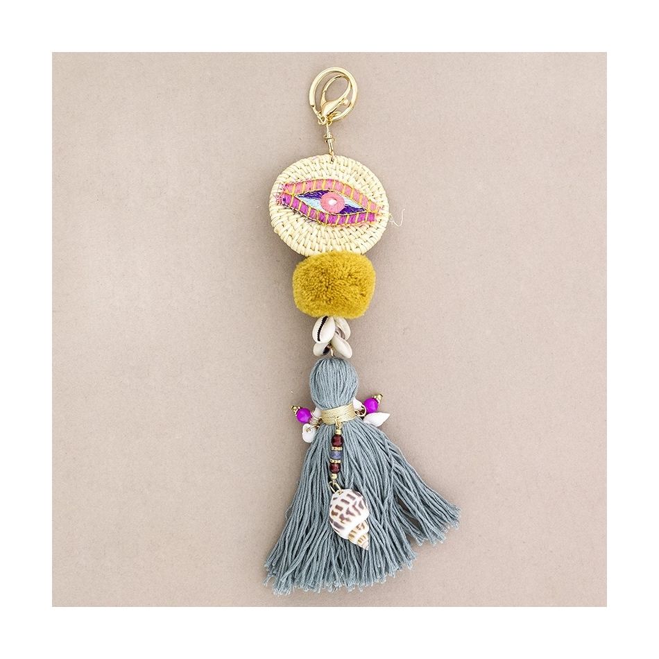 ETHNIC EYE KEYCHAIN WITH FRINGE POMPOMS