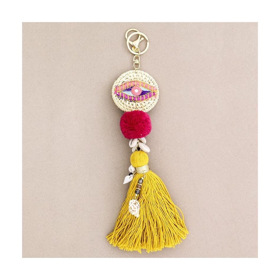 ETHNIC EYE KEYCHAIN WITH FRINGE POMPOMS