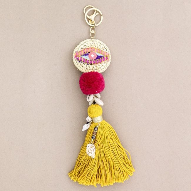 ETHNIC EYE KEYCHAIN WITH FRINGE POMPOMS
