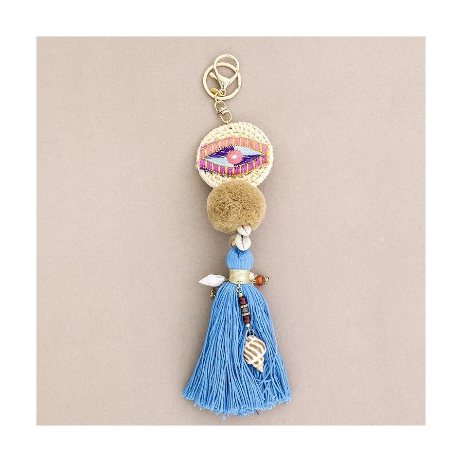 ETHNIC EYE KEYCHAIN WITH FRINGE POMPOMS