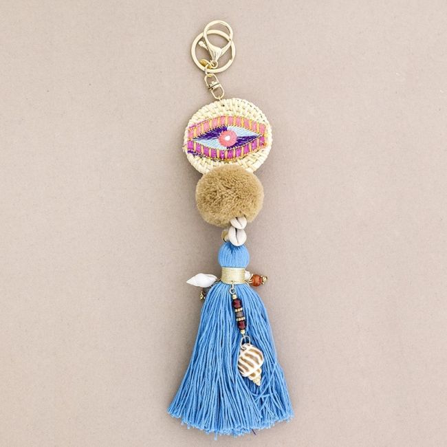 ETHNIC EYE KEYCHAIN WITH FRINGE POMPOMS