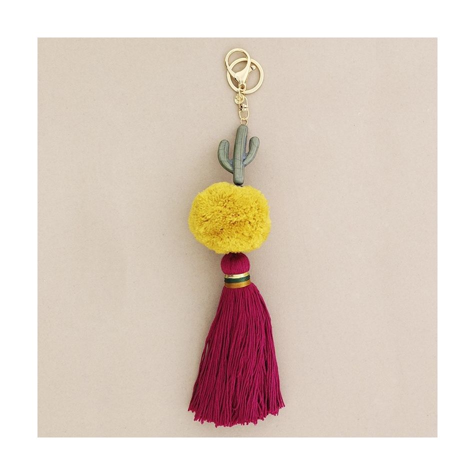 ETHNIC CACTUS POMPOM FRINGE KEYCHAIN