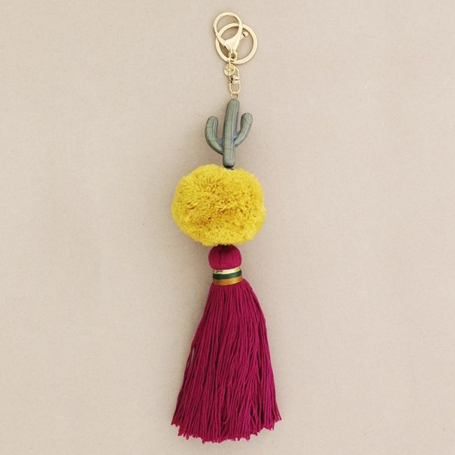 ETHNIC CACTUS POMPOM FRINGE KEYCHAIN