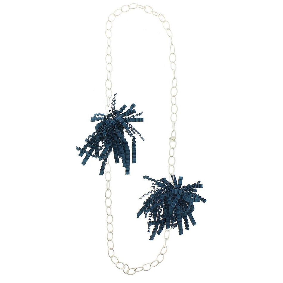 LONG DOUBLE POMPOM NECKLACE WITH CURLY SATIN RIBBON