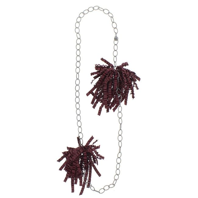 LONG DOUBLE POMPOM NECKLACE WITH CURLY SATIN RIBBON