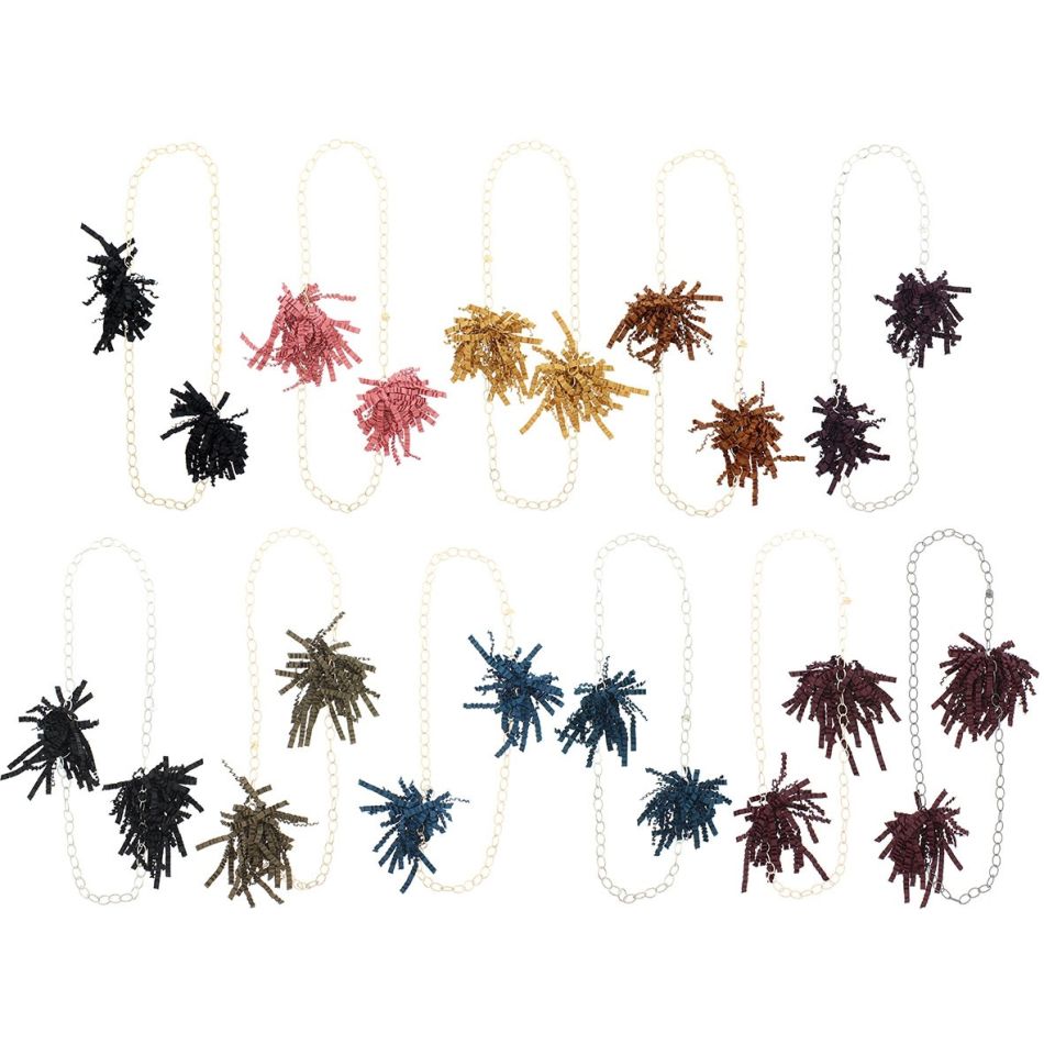 LONG DOUBLE POMPOM NECKLACE WITH CURLY SATIN RIBBON