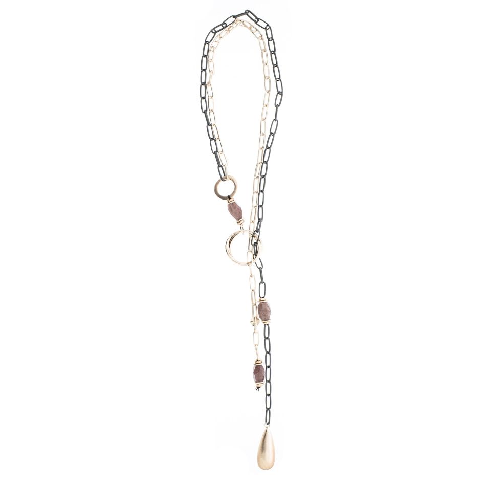 LONG NECKLACE LINKS STONES METAL DROP PENDANT
