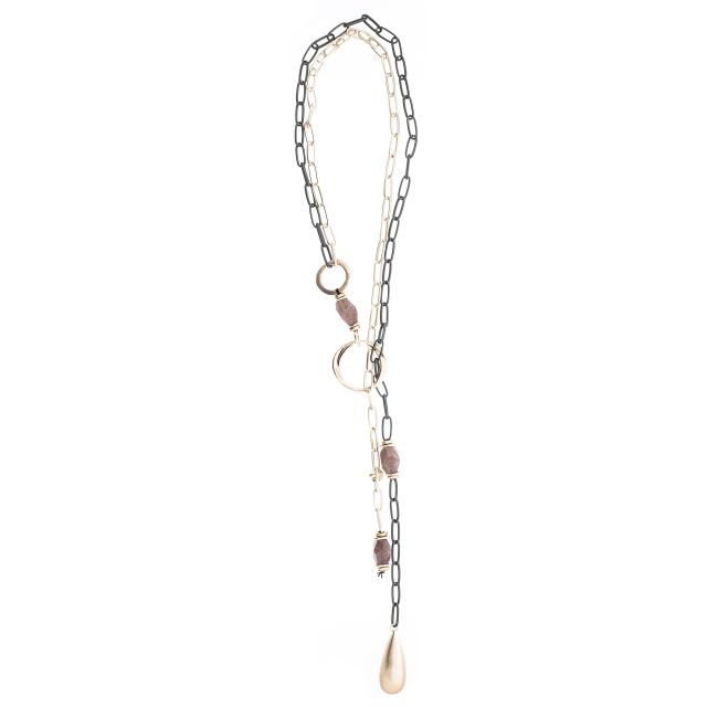 LONG NECKLACE LINKS STONES METAL DROP PENDANT