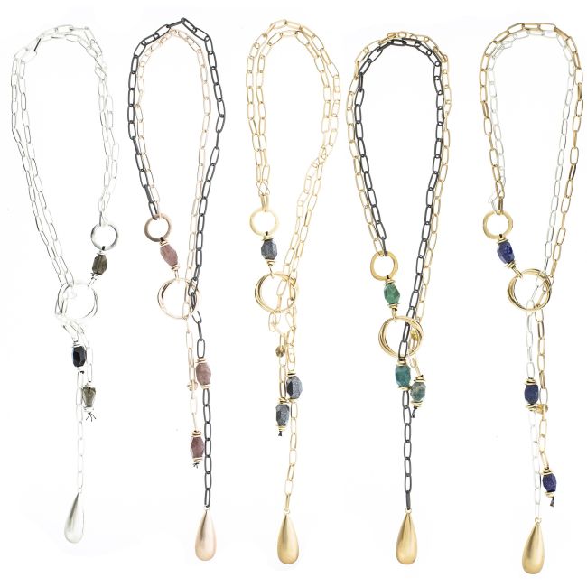COLLAR LARGO ESLABONES PIEDRAS COLGANTE GOTA METAL