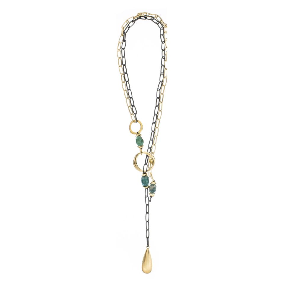COLLAR LARGO ESLABONES PIEDRAS COLGANTE GOTA METAL