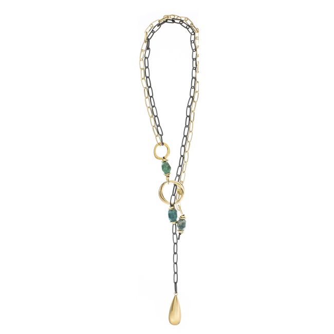 COLLAR LARGO ESLABONES PIEDRAS COLGANTE GOTA METAL