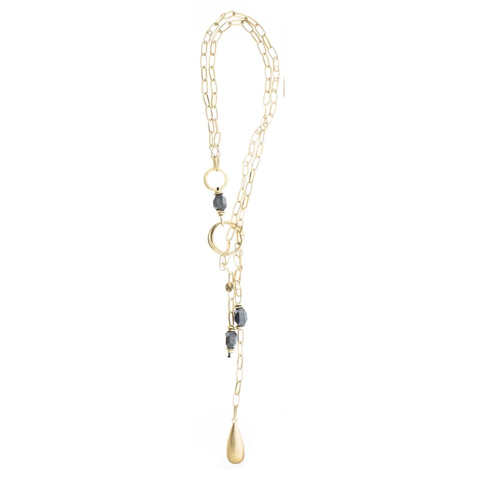 LONG NECKLACE LINKS STONES METAL DROP PENDANT