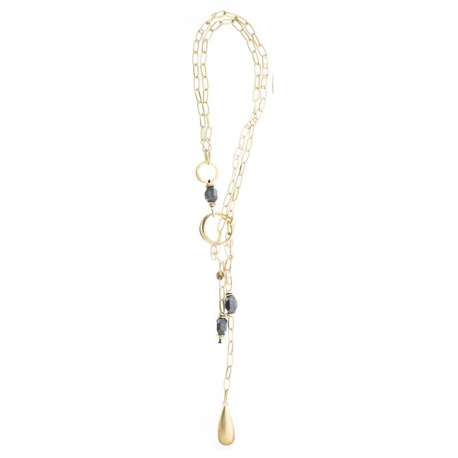 LONG NECKLACE LINKS STONES METAL DROP PENDANT