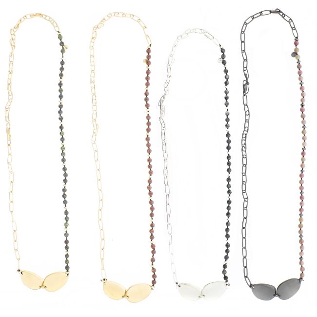 LONG CHAIN NECKLACE STONES IRREGULAR METAL BEADS