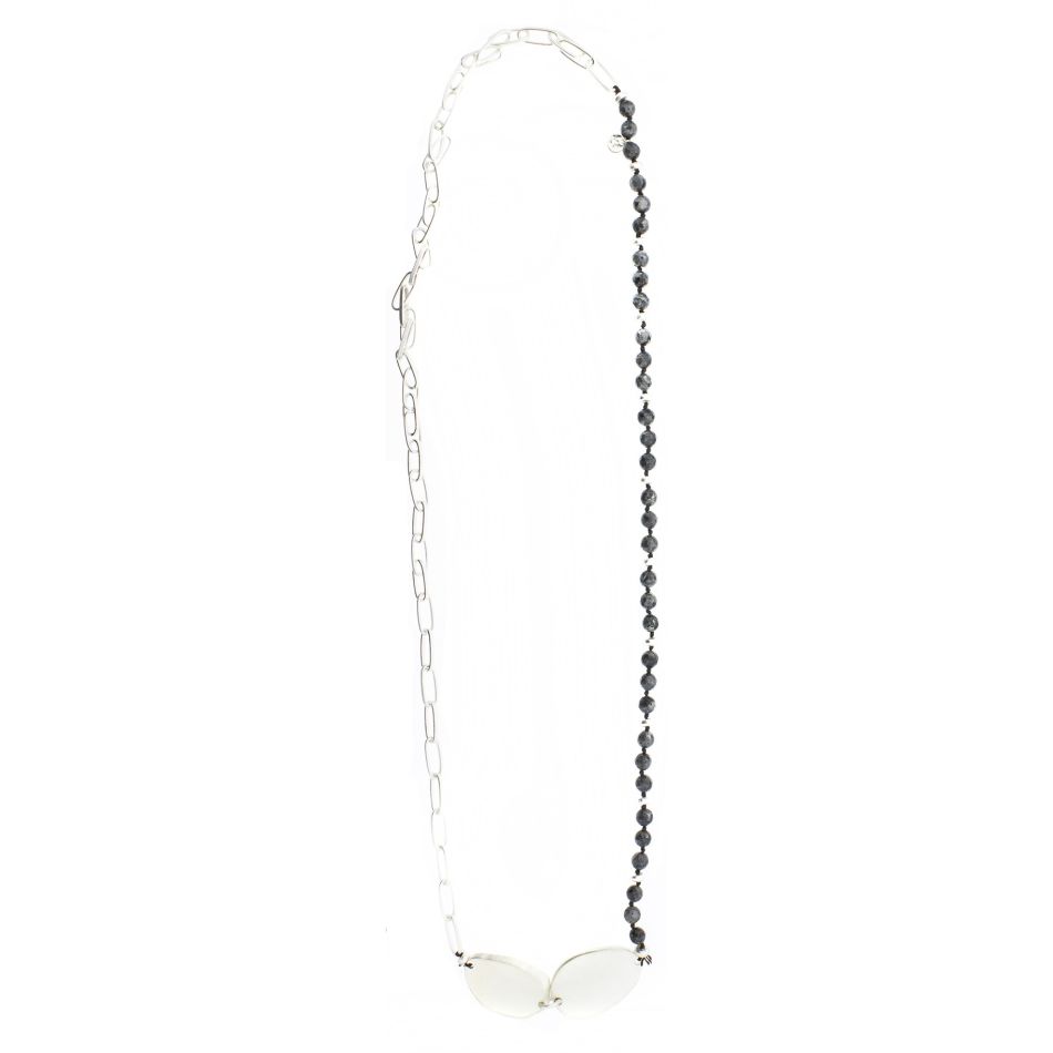 LONG CHAIN NECKLACE STONES IRREGULAR METAL BEADS