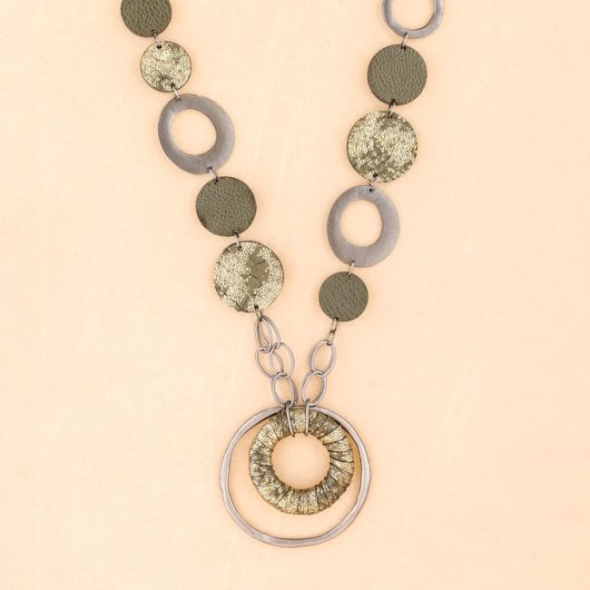 SUEDE LEATHER METAL RING LONG NECKLACE