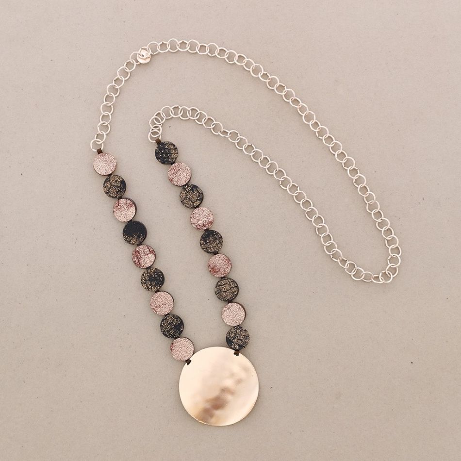 LONG CHAIN NECKLACE SUEDE METAL MEDALLION PENDANT