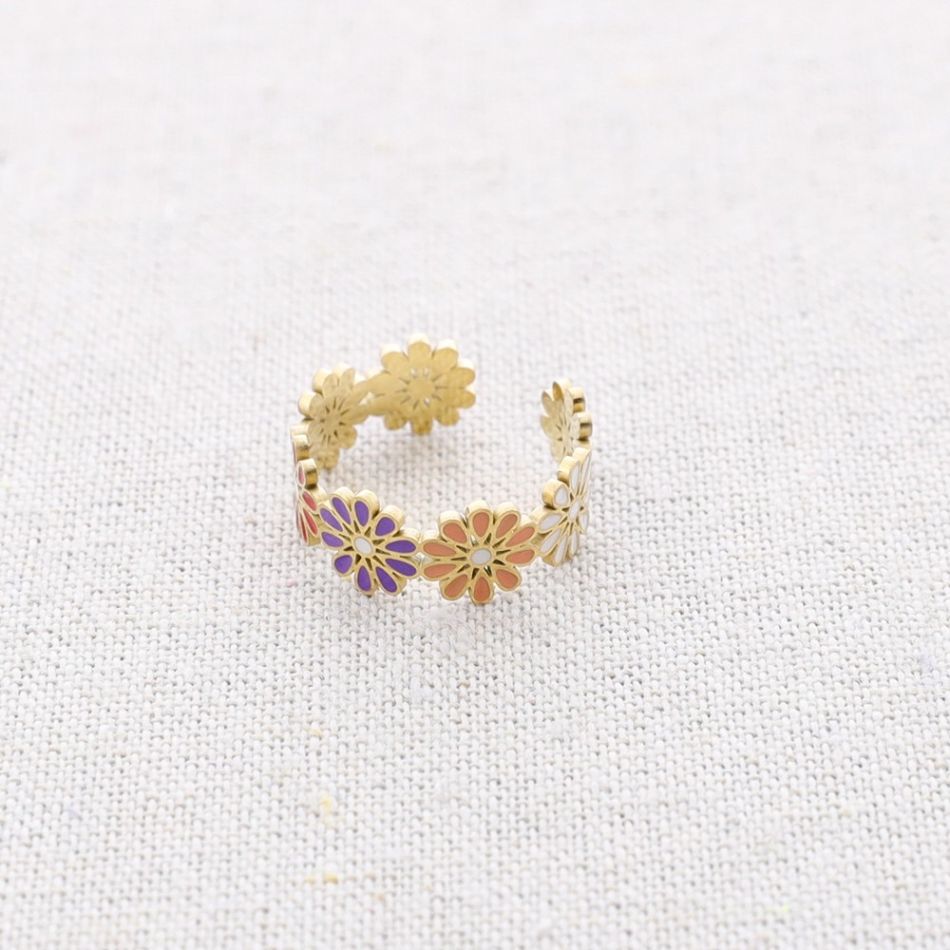ENAMEL FLOWERS STEEL RING