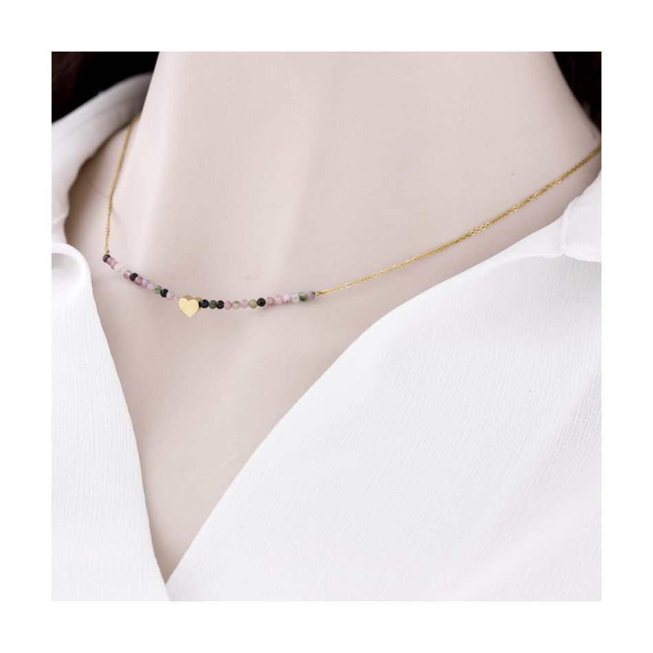 STEEL SHORT NECKLACE WITH HEART STONES