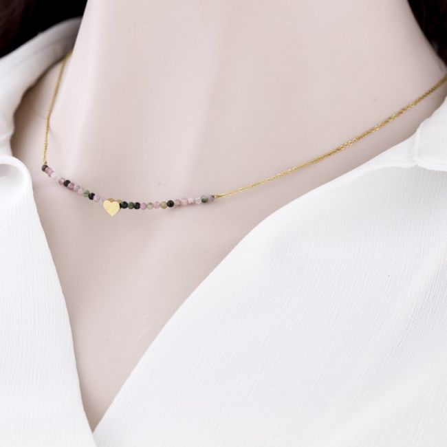 STEEL SHORT NECKLACE WITH HEART STONES