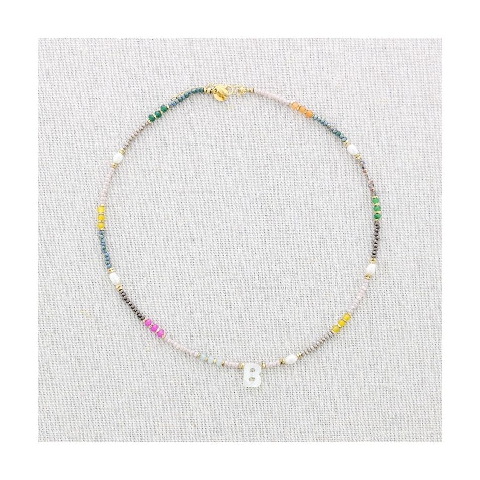 STEEL SHORT NECKLACE WITH STONES LETTER B