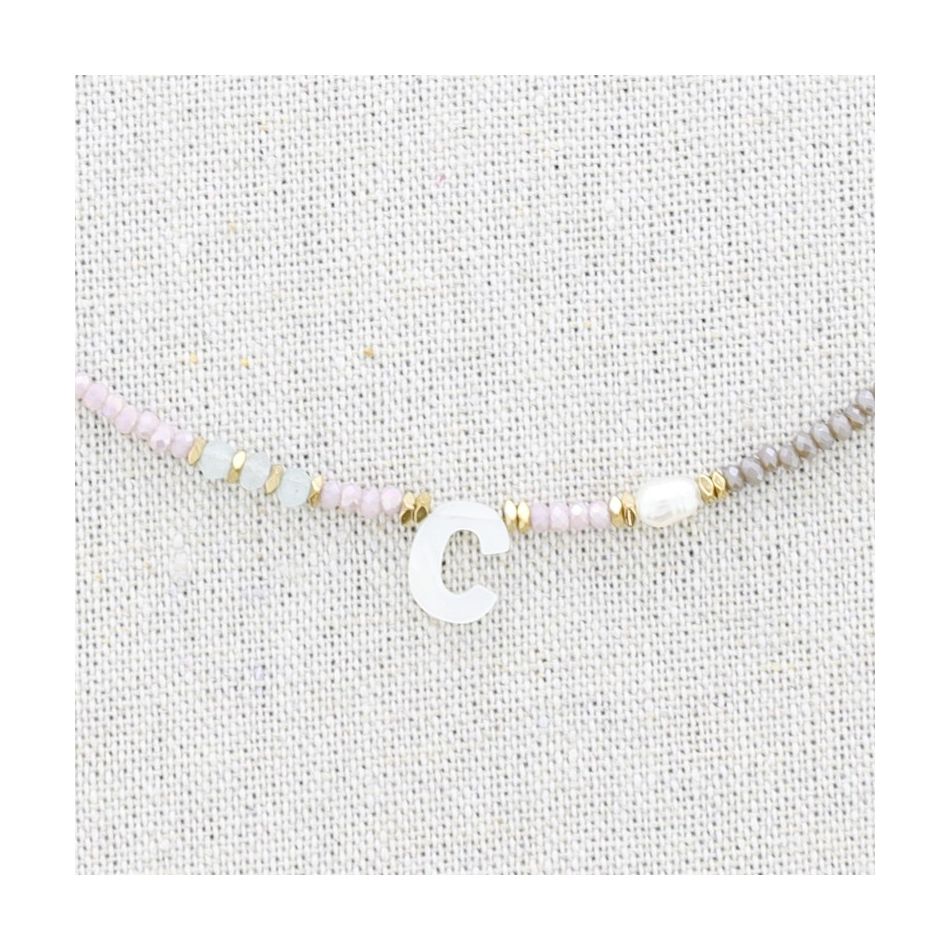STEEL SHORT NECKLACE WITH STONES LETTER C
