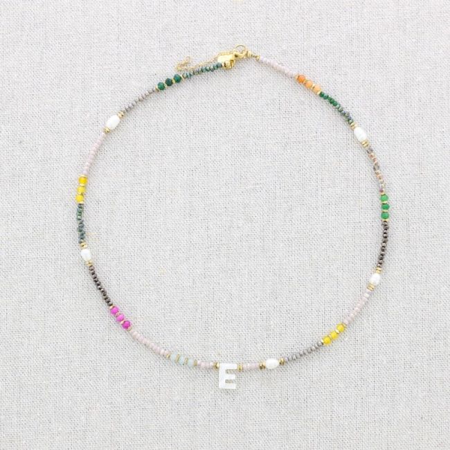 STEEL SHORT NECKLACE WITH STONES LETTER E