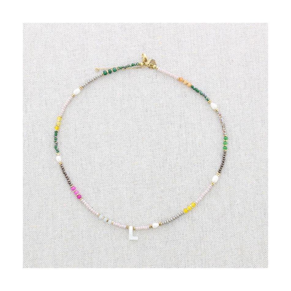 STEEL SHORT NECKLACE WITH STONES LETTER L