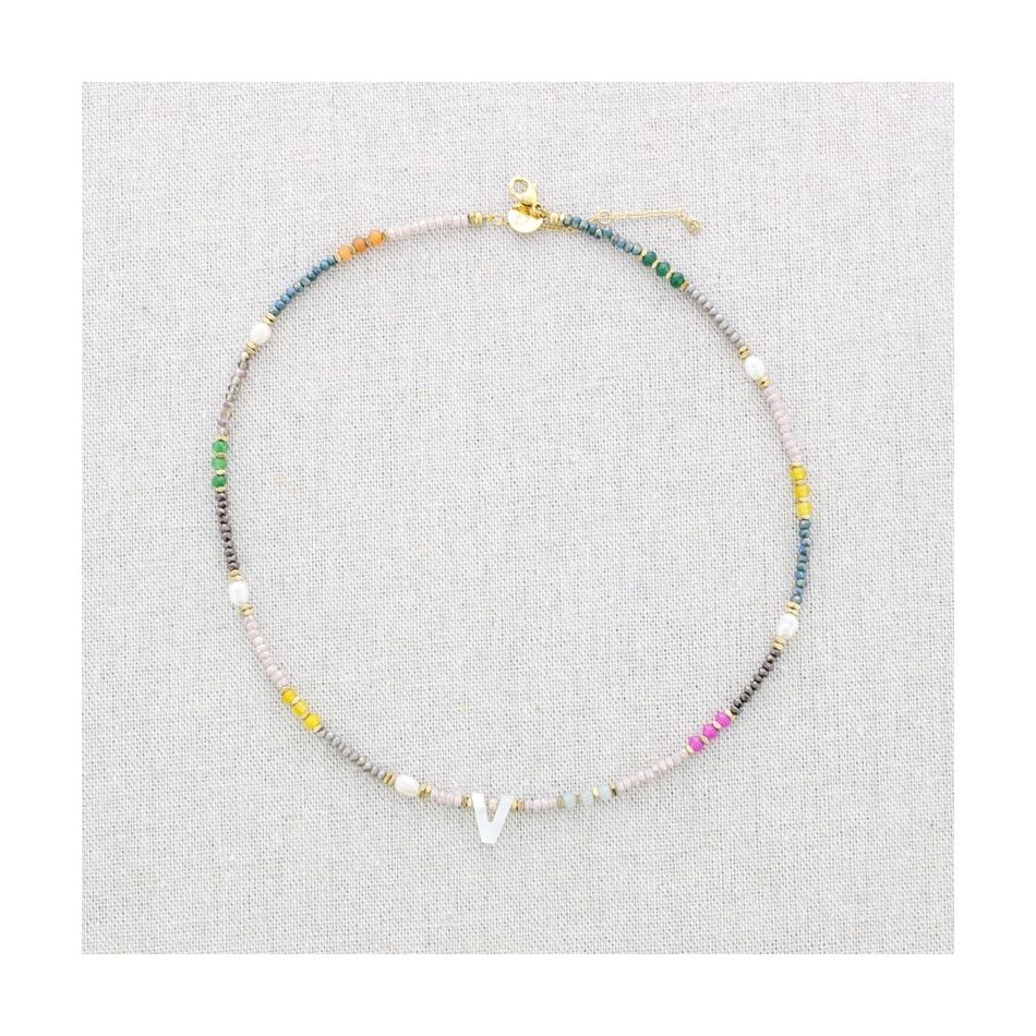 STEEL SHORT NECKLACE WITH STONES LETTER V