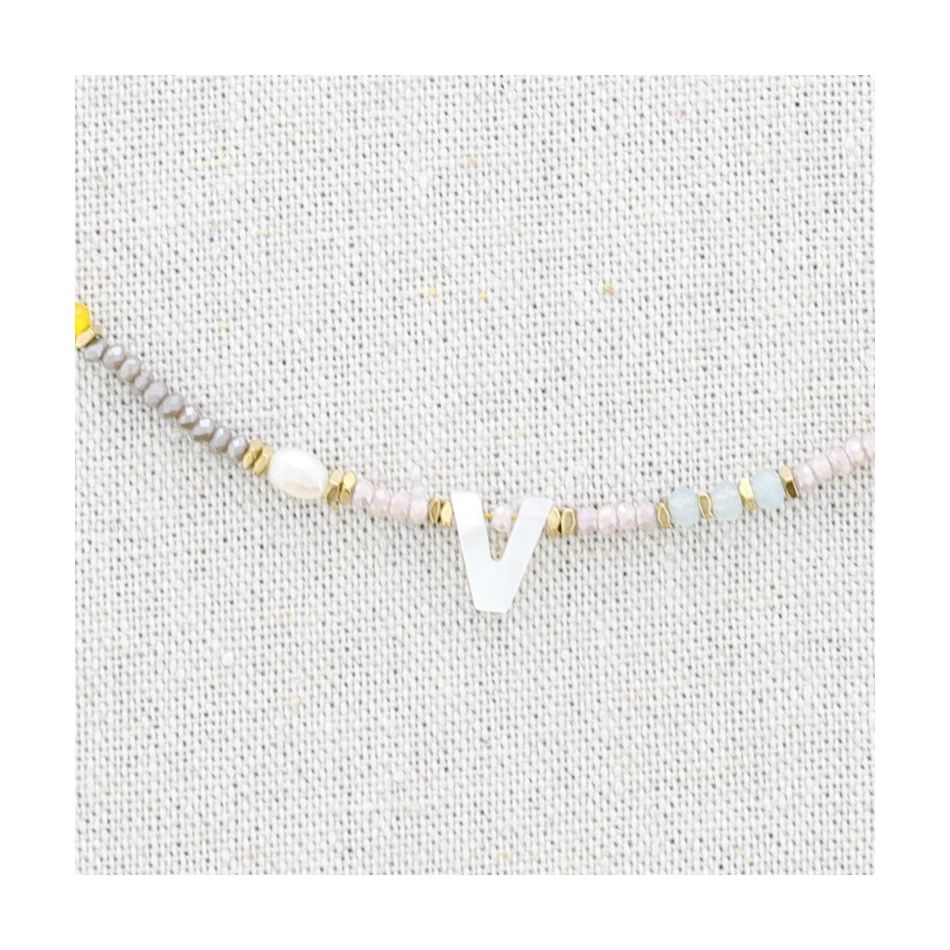 STEEL SHORT NECKLACE WITH STONES LETTER V