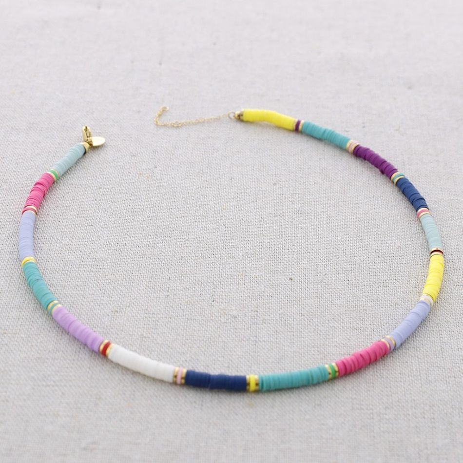 COLORED FIMO BEADS STEEL SHORT NECKLACE