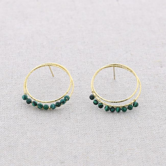 DOUBLE HOOP STEEL EARRINGS WITH FACETED CRYSTALS PENDANTS