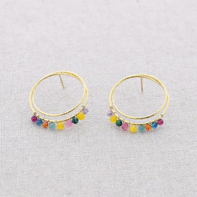 DOUBLE HOOP STEEL EARRINGS WITH FACETED CRYSTALS PENDANTS