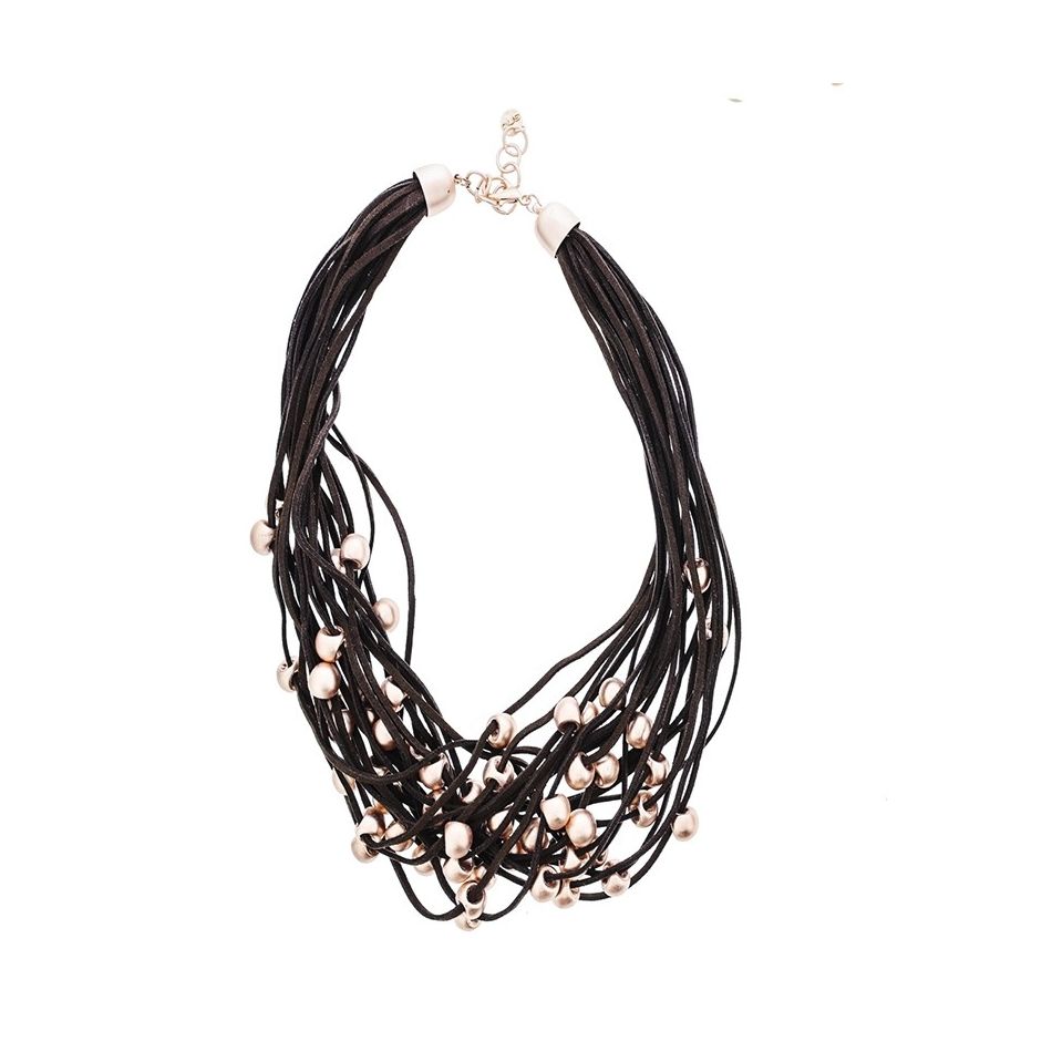MULTI ROW SUEDE SHORT NECKLACE WITH METAL BEADS