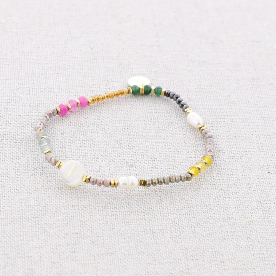 PULSERA ELÁSTICA ACERO PIEDRAS LETRA J