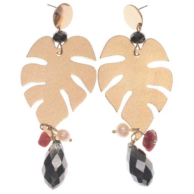 METAL LEAF EARRINGS CRYSTAL PENDANTS