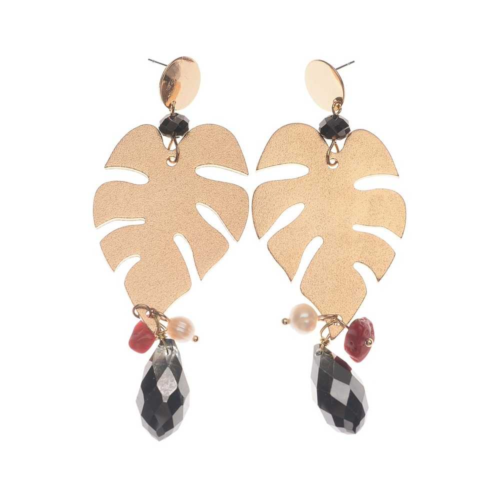 METAL LEAF EARRINGS CRYSTAL PENDANTS