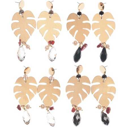 METAL LEAF EARRINGS CRYSTAL PENDANTS