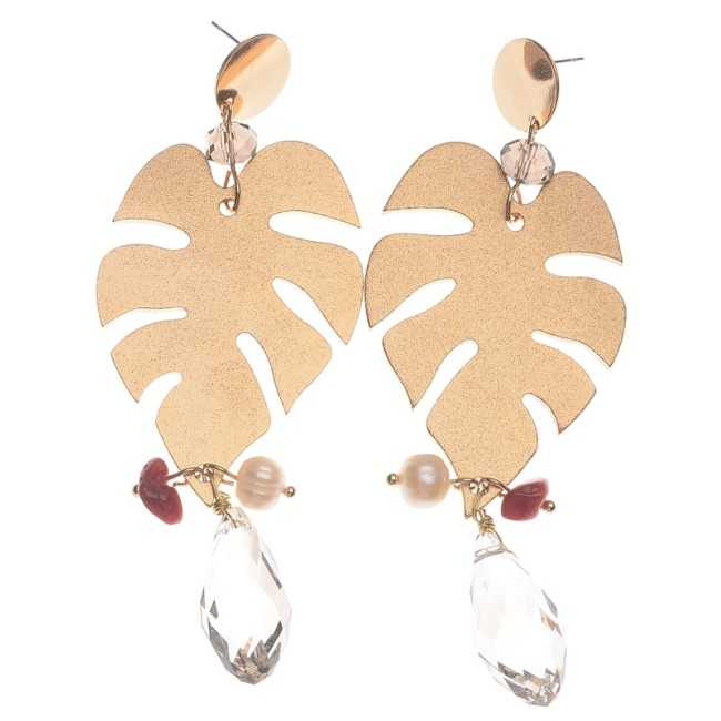 METAL LEAF EARRINGS CRYSTAL PENDANTS