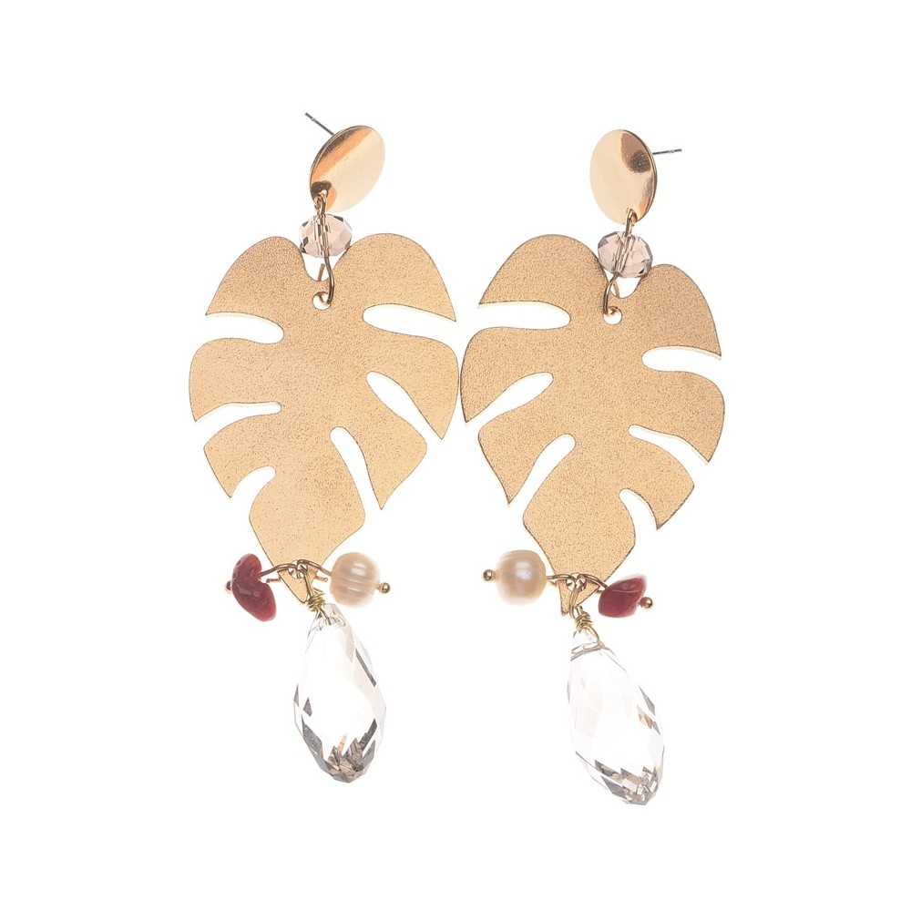 METAL LEAF EARRINGS CRYSTAL PENDANTS