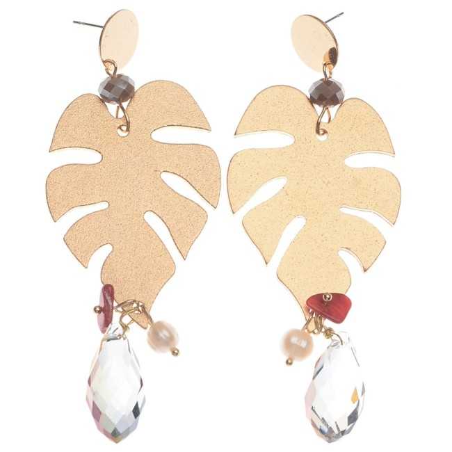 METAL LEAF EARRINGS CRYSTAL PENDANTS