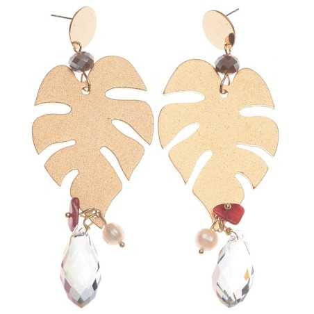 METAL LEAF EARRINGS CRYSTAL PENDANTS