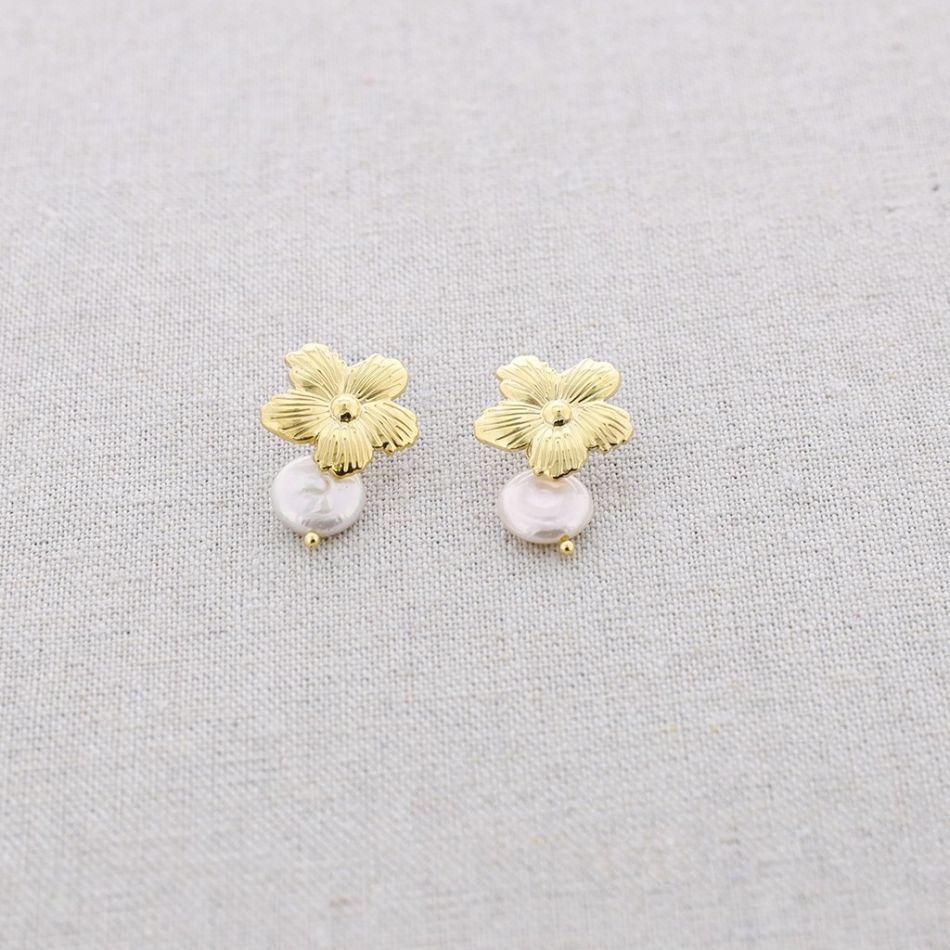 CULTIVATED PEARL PENDANT FLOWER STEEL EARRINGS