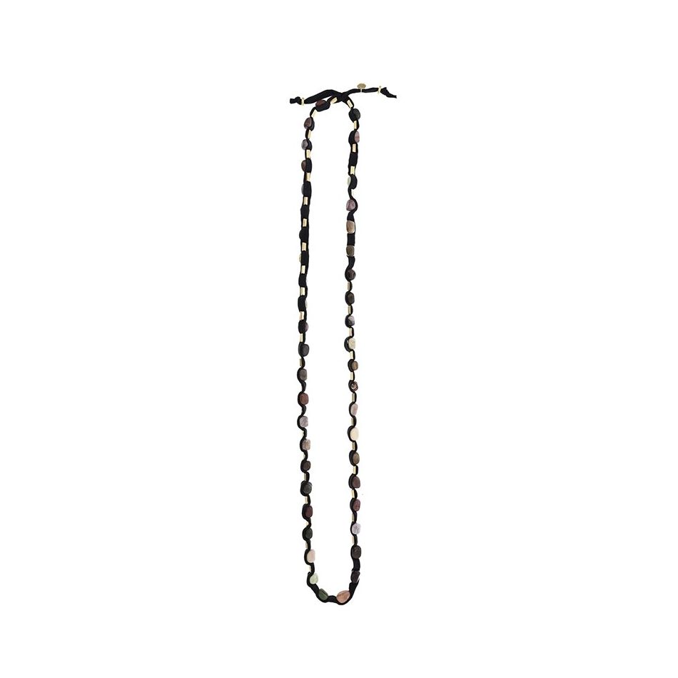 COLLAR LARGO TUBO LAZO PIEDRAS CUENTAS IMITACIÓN METAL