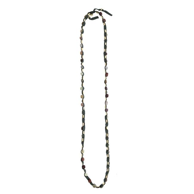 COLLAR LARGO TUBO LAZO PIEDRAS CUENTAS IMITACIÓN METAL